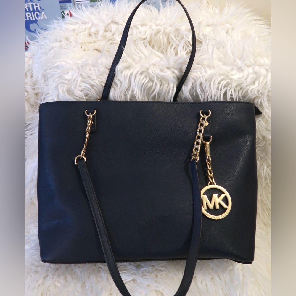 Michael Kors Navy Blue Large Tote Saffiano Leather Chain Gold